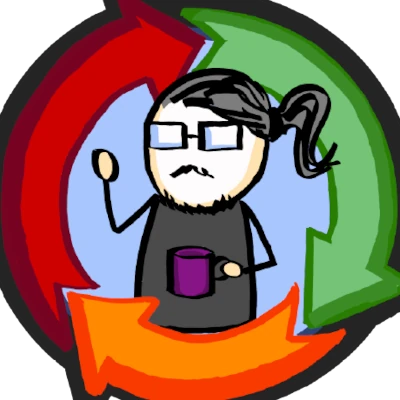 Dessin avec un homme à queue de cheval, une tasse à la main, des lunettes et une moustache entouré par trois flèches rouge, verte, orange